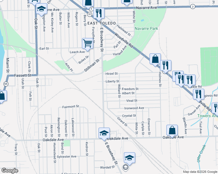 map of restaurants, bars, coffee shops, grocery stores, and more near 1106 Liberty Street in Toledo