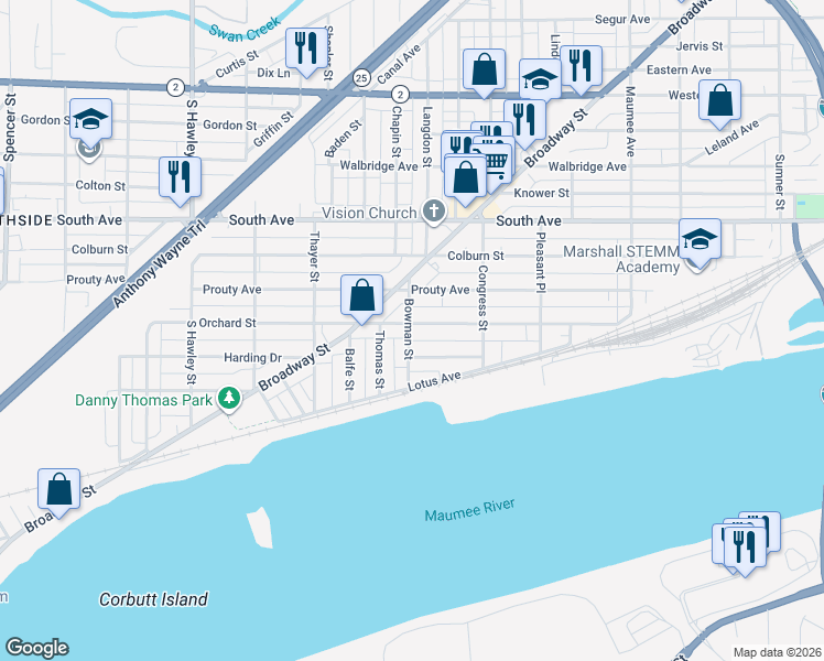 map of restaurants, bars, coffee shops, grocery stores, and more near 802 Orchard Street in Toledo