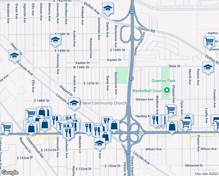 map of restaurants, bars, coffee shops, grocery stores, and more near 14713 Dante Avenue in Dolton