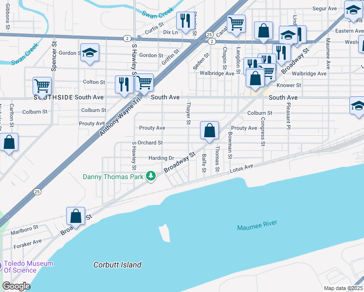 map of restaurants, bars, coffee shops, grocery stores, and more near 911 Orchard Street in Toledo