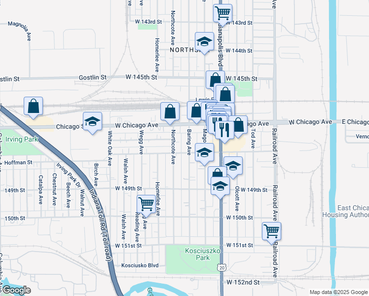 map of restaurants, bars, coffee shops, grocery stores, and more near 4725 Northcote Avenue in East Chicago
