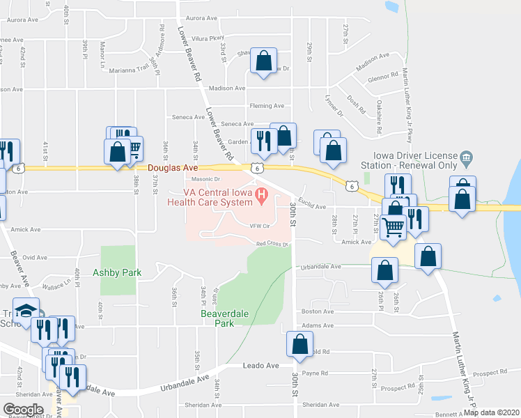 map of restaurants, bars, coffee shops, grocery stores, and more near 3600 30th Street in Des Moines