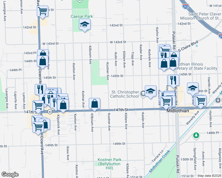 map of restaurants, bars, coffee shops, grocery stores, and more near 14535 Kostner Avenue in Midlothian