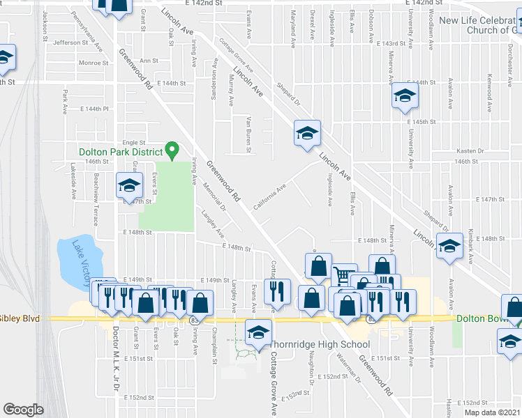 map of restaurants, bars, coffee shops, grocery stores, and more near 763 California Avenue in Dolton