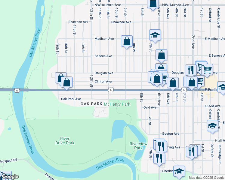 map of restaurants, bars, coffee shops, grocery stores, and more near 1015 Euclid Ave in Des Moines