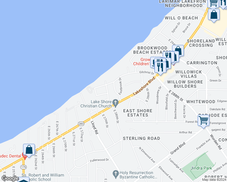map of restaurants, bars, coffee shops, grocery stores, and more near 150 Westbrook Drive in Euclid