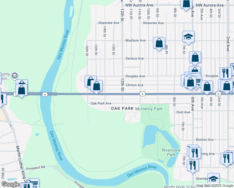 map of restaurants, bars, coffee shops, grocery stores, and more near 1216 Euclid Avenue in Des Moines