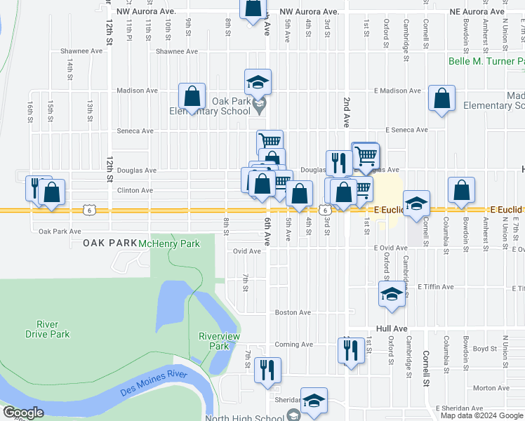 map of restaurants, bars, coffee shops, grocery stores, and more near 622 Euclid Avenue in Des Moines