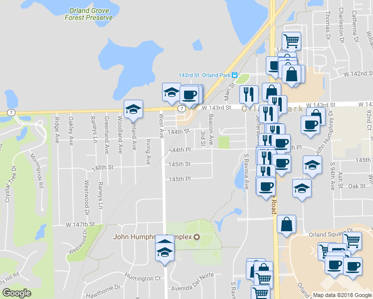 map of restaurants, bars, coffee shops, grocery stores, and more near 15339 1st Avenue in Orland Park
