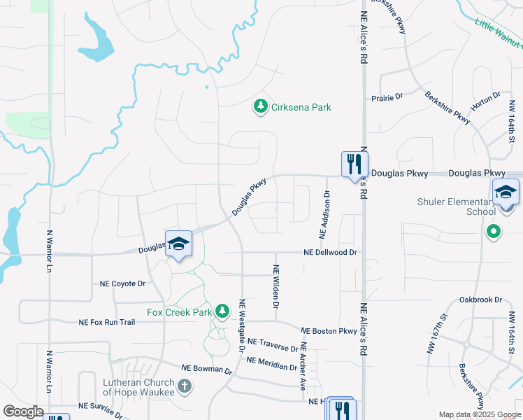 map of restaurants, bars, coffee shops, grocery stores, and more near 600 Douglas Parkway in Waukee