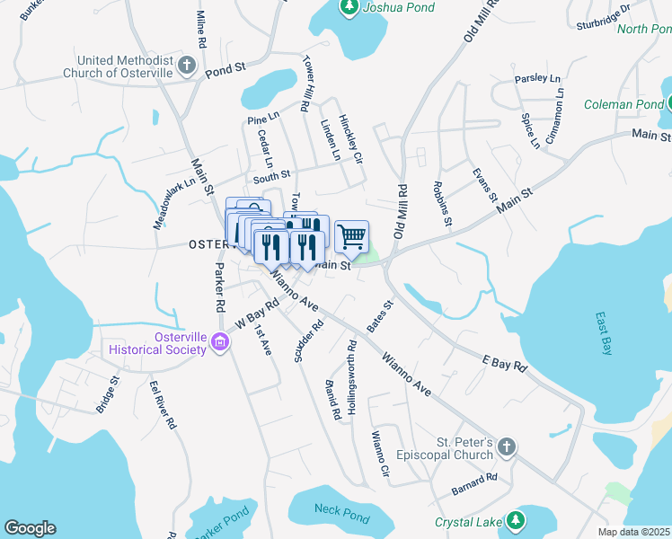map of restaurants, bars, coffee shops, grocery stores, and more near 716 Main Street in Barnstable