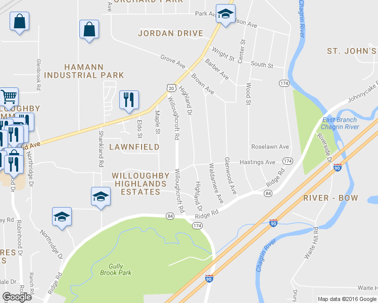 map of restaurants, bars, coffee shops, grocery stores, and more near 4802 Highland Drive in Willoughby