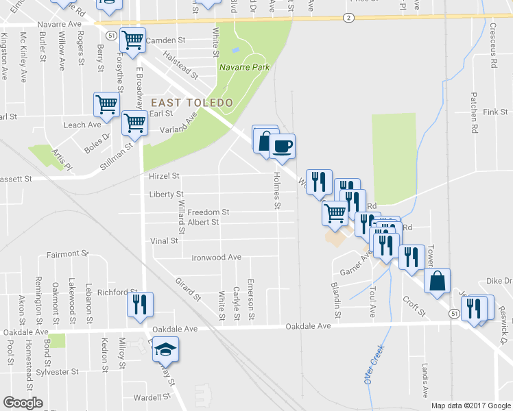 map of restaurants, bars, coffee shops, grocery stores, and more near 1602 Liberty Street in Toledo