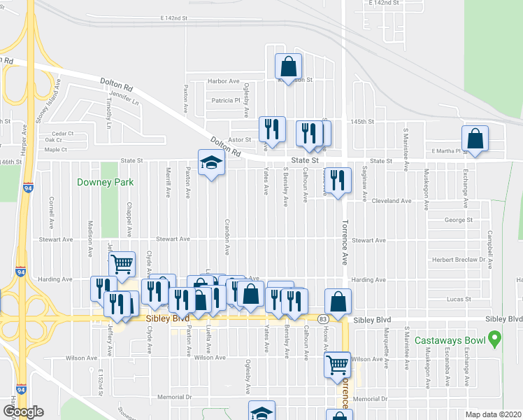 map of restaurants, bars, coffee shops, grocery stores, and more near 318 Yates Avenue in Calumet City
