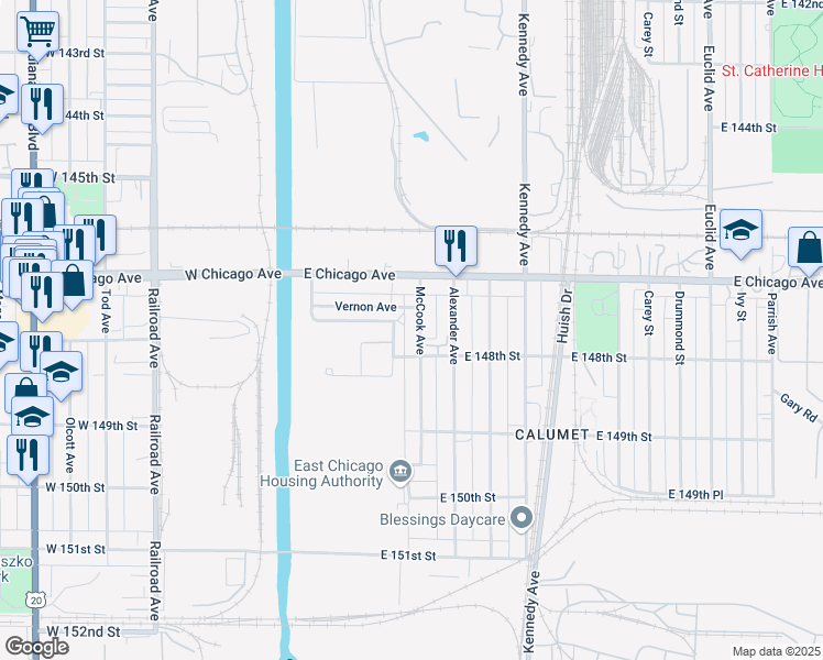 map of restaurants, bars, coffee shops, grocery stores, and more near 469 Vernon Avenue in East Chicago
