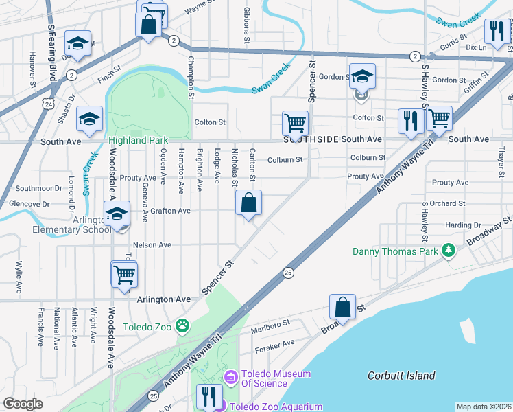 map of restaurants, bars, coffee shops, grocery stores, and more near 643 Carlton Street in Toledo
