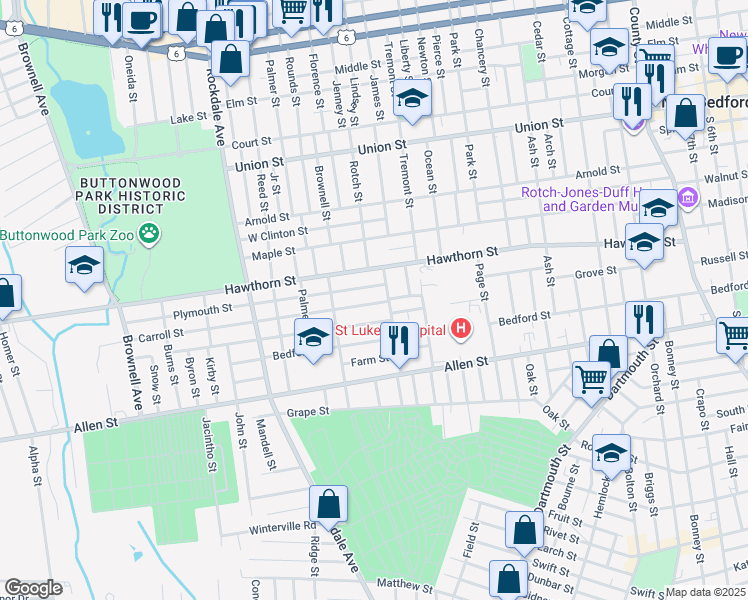 map of restaurants, bars, coffee shops, grocery stores, and more near 51 Carroll Street in New Bedford