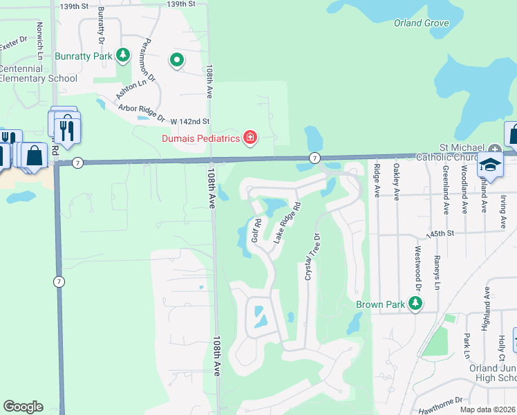 map of restaurants, bars, coffee shops, grocery stores, and more near 10692 Golf Road in Orland Park