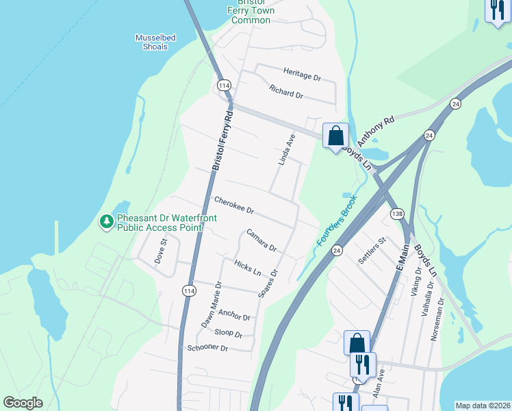 map of restaurants, bars, coffee shops, grocery stores, and more near 97 Windward Drive in Portsmouth