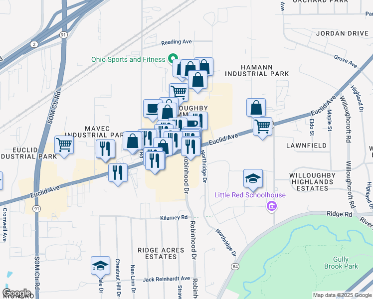 map of restaurants, bars, coffee shops, grocery stores, and more near U.S. Route 20 in Illinois & Robinhood Dr in Willoughby