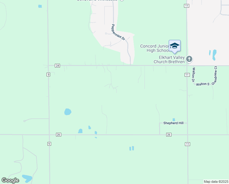 map of restaurants, bars, coffee shops, grocery stores, and more near 25538 County Road 24 in Elkhart