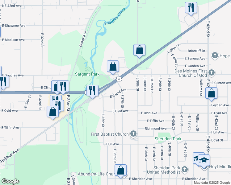 map of restaurants, bars, coffee shops, grocery stores, and more near 3600 East Euclid Avenue in Des Moines