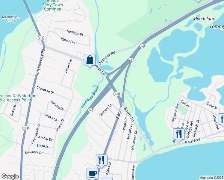 map of restaurants, bars, coffee shops, grocery stores, and more near 310 Boyds Lane in Portsmouth