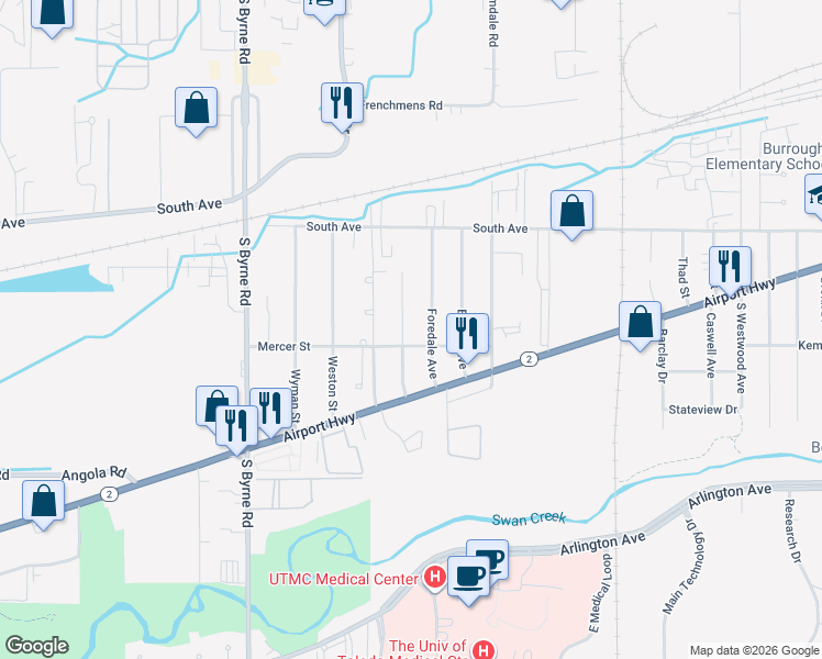 map of restaurants, bars, coffee shops, grocery stores, and more near 640 Foredale Avenue in Toledo