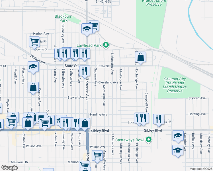 map of restaurants, bars, coffee shops, grocery stores, and more near 319 Marquette Avenue in Calumet City