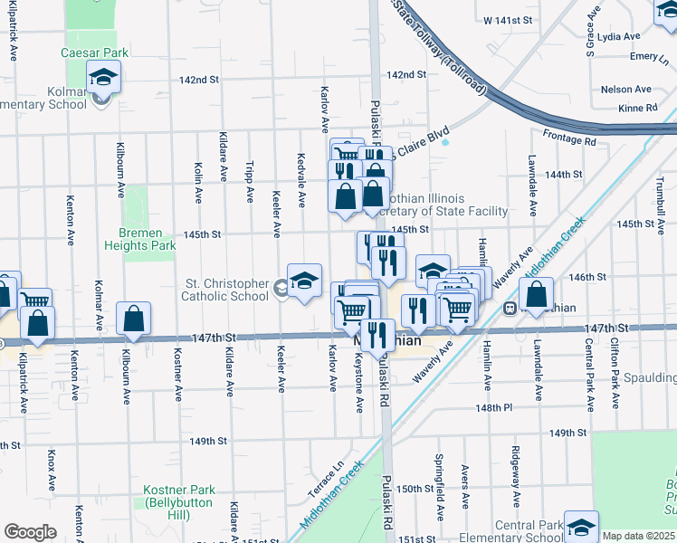 map of restaurants, bars, coffee shops, grocery stores, and more near 14535 Karlov Avenue in Midlothian
