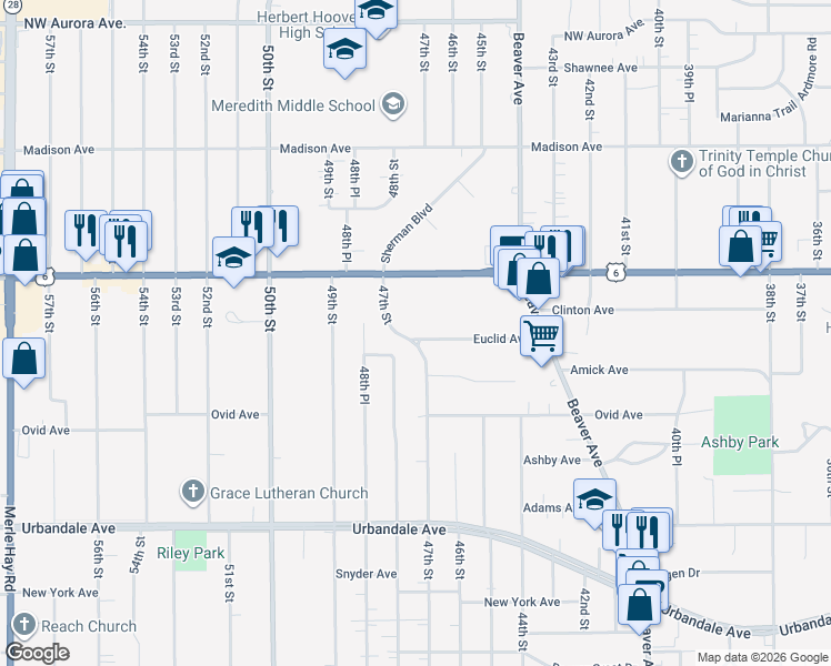 map of restaurants, bars, coffee shops, grocery stores, and more near 4635 Euclid Avenue in Des Moines