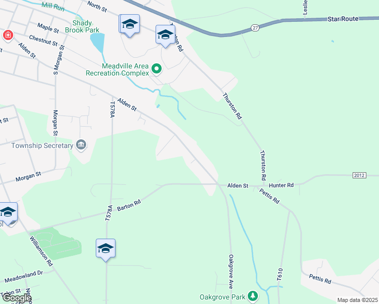 map of restaurants, bars, coffee shops, grocery stores, and more near 20654-20866 Alden Street in Meadville