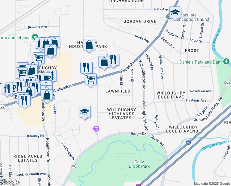 map of restaurants, bars, coffee shops, grocery stores, and more near 37347 Arthur Street in Willoughby