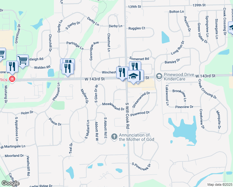 map of restaurants, bars, coffee shops, grocery stores, and more near 14358 South Heather Lane in Homer Glen