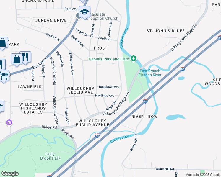 map of restaurants, bars, coffee shops, grocery stores, and more near 38268 Roselawn Avenue in Willoughby