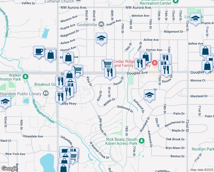 map of restaurants, bars, coffee shops, grocery stores, and more near 3618 81st Street in Urbandale