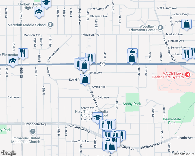 map of restaurants, bars, coffee shops, grocery stores, and more near 3611 42nd Street in Des Moines