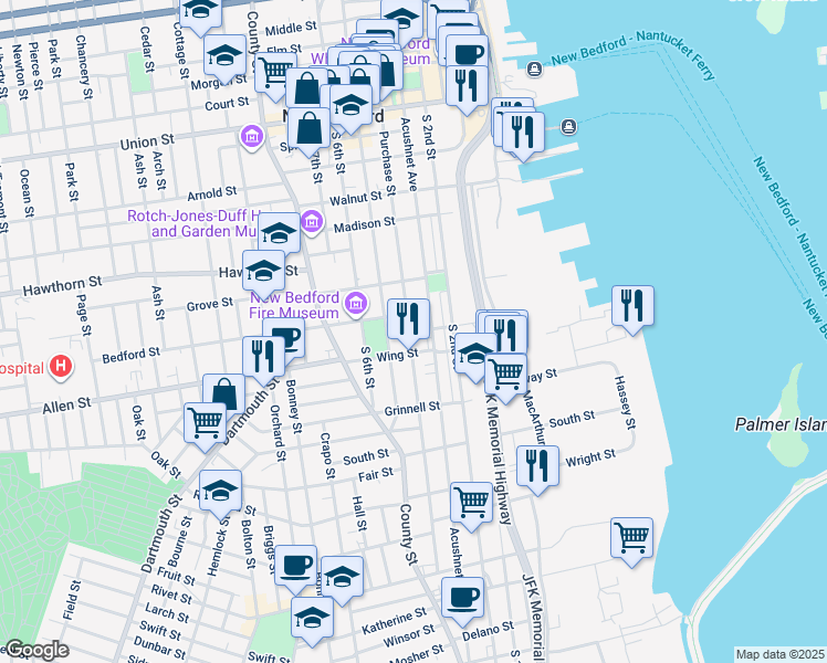 map of restaurants, bars, coffee shops, grocery stores, and more near 390 Purchase Street in New Bedford