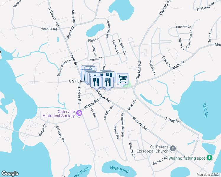 map of restaurants, bars, coffee shops, grocery stores, and more near 8 West Bay Road in Barnstable