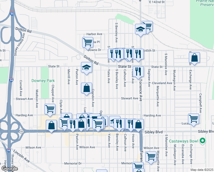 map of restaurants, bars, coffee shops, grocery stores, and more near 323 Yates Avenue in Calumet City