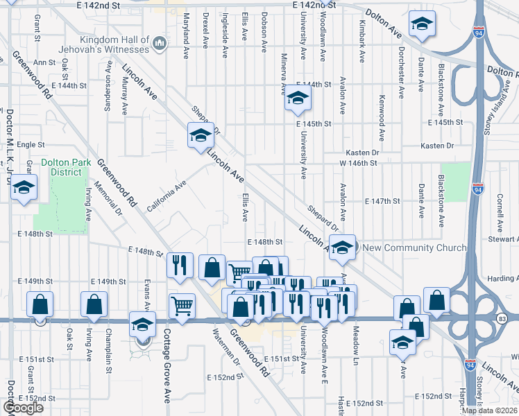 map of restaurants, bars, coffee shops, grocery stores, and more near 14649 Ellis Avenue in Dolton
