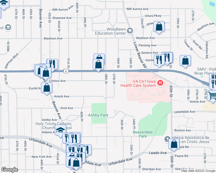map of restaurants, bars, coffee shops, grocery stores, and more near 3608 37th Street in Des Moines