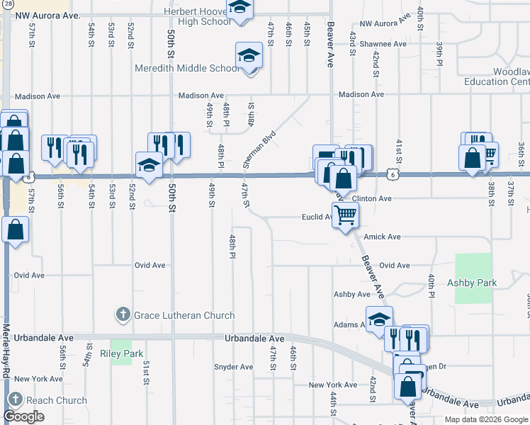 map of restaurants, bars, coffee shops, grocery stores, and more near 3605 47th Street in Des Moines