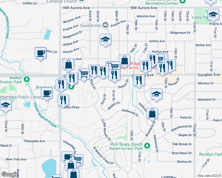 map of restaurants, bars, coffee shops, grocery stores, and more near 3618 81st Street in Urbandale