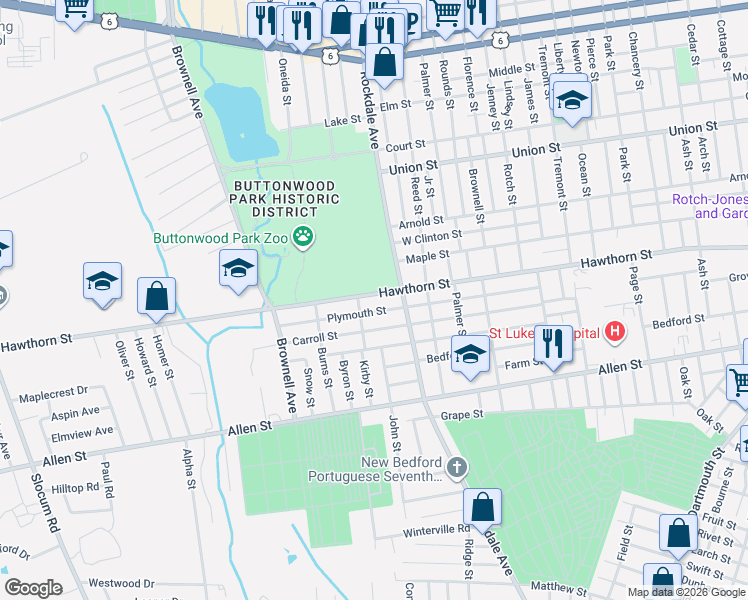 map of restaurants, bars, coffee shops, grocery stores, and more near 366 Hawthorn St in New Bedford