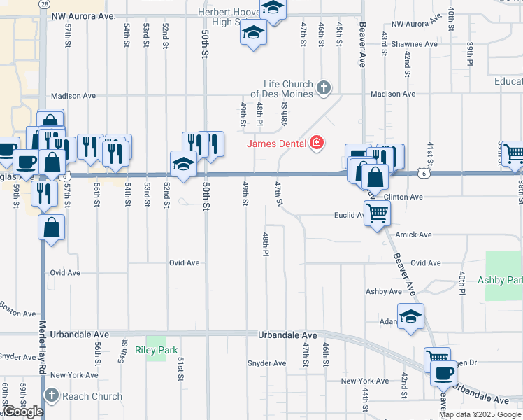 map of restaurants, bars, coffee shops, grocery stores, and more near 3616 48th Place in Des Moines
