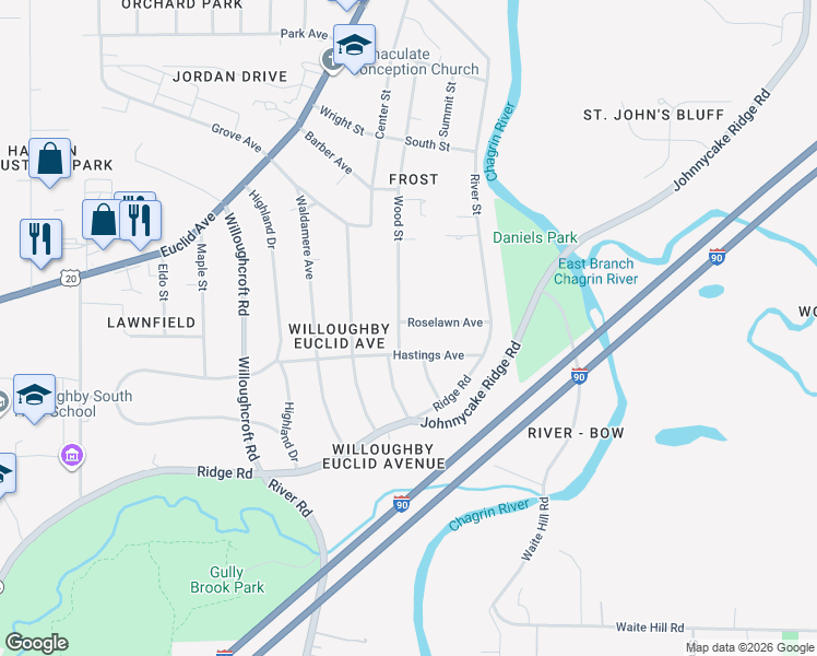 map of restaurants, bars, coffee shops, grocery stores, and more near 4805 Wood Street in Willoughby