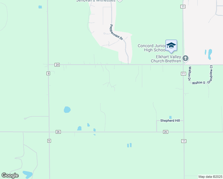 map of restaurants, bars, coffee shops, grocery stores, and more near 25538 County Road 24 in Elkhart