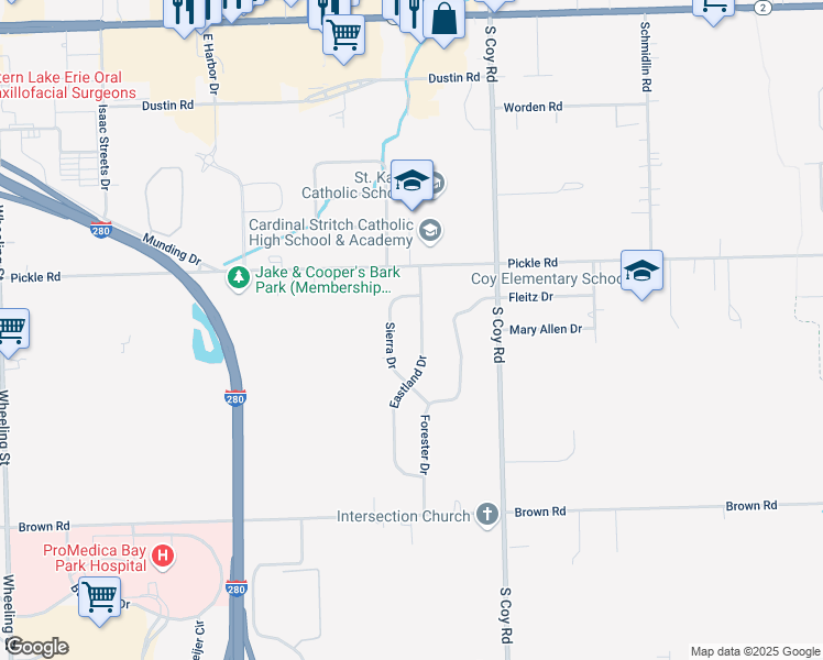 map of restaurants, bars, coffee shops, grocery stores, and more near 1231 Sierra Drive in Oregon