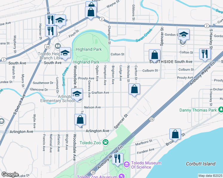 map of restaurants, bars, coffee shops, grocery stores, and more near 640 Brighton Avenue in Toledo